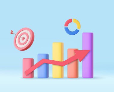 3D hisse senedi tablosu ve Ok hedefin merkezine isabet etti. İş hedefi başarı konsepti. İşletme web sitesi geliştirme konsepti için optimizasyon borsası. Vektör illüstrasyonu