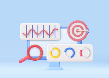 3D Finansal Rapor Çizelgesi, SEO Optimizasyonu, Web Analizi ve Seo Pazarlama Konsepti. 3D görüntüleme. Vektör illüstrasyonu