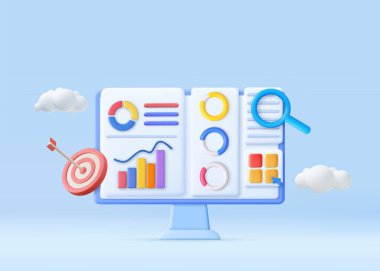 3D Finansal Rapor Çizelgesi, SEO Optimizasyonu, Web Analizi ve Seo Pazarlama Konsepti. İş stratejisi. İniş sayfası şablonu. 3D görüntüleme. Vektör illüstrasyonu