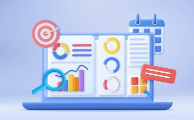 3D Finansal Rapor Çizelgesi, SEO Optimizasyonu, Web Analizi ve Seo Pazarlama Konsepti. İş stratejisi. İniş sayfası şablonu. 3D görüntüleme. Vektör illüstrasyonu