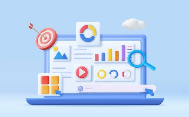 3D Finansal Rapor Çizelgesi, SEO Optimizasyonu, Web Analizi ve Seo Pazarlama Konsepti. İş stratejisi. İniş sayfası şablonu. 3D görüntüleme. Vektör illüstrasyonu