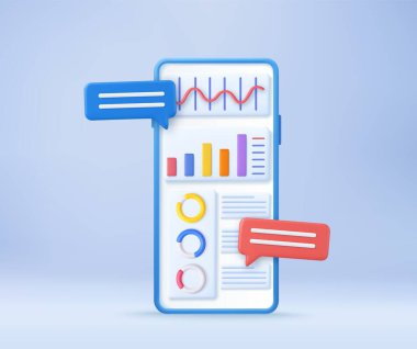 Üç boyutlu istatistik dijital büyüme pazarlama kavramı. SEO optimizasyonu, hisse senedi ticareti, veri analizi, web analizi ve SEO pazarlama kavramı. 3D görüntüleme. Vektör illüstrasyonu