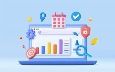 3D Finansal Rapor Çizelgesi, SEO Optimizasyonu, Web Analizi ve Seo Pazarlama Konsepti. İş stratejisi. İniş sayfası şablonu. 3D görüntüleme. Vektör illüstrasyonu