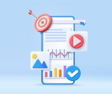 Üç boyutlu istatistik dijital büyüme pazarlama kavramı. SEO optimizasyonu, hisse senedi ticareti, veri analizi, web analizi ve SEO pazarlama kavramı. 3D görüntüleme. Vektör illüstrasyonu