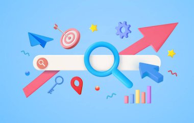 3D SEO kavramı. Web sitesi için pazarlama stratejisi olarak arama motoru optimizasyonu fikri. İnternet promosyon sayfası. Büyüteç analiz eder. 3D görüntüleme. Vektör illüstrasyonu