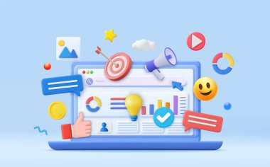 3D Finansal Rapor Çizelgesi, SEO Optimizasyonu, Web Analizi ve Seo Pazarlama Konsepti. İş stratejisi. İniş sayfası şablonu. 3D görüntüleme. Vektör illüstrasyonu