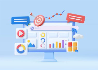 3D Finansal Rapor Çizelgesi, SEO Optimizasyonu, Web Analizi ve Seo Pazarlama Konsepti. İş stratejisi. İniş sayfası şablonu. 3D görüntüleme. Vektör illüstrasyonu
