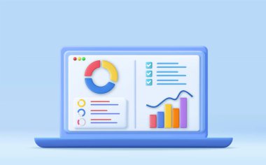 3D Finansal Rapor Çizelgesi, SEO Optimizasyonu, Web Analizi ve Seo Pazarlama Konsepti. 3D görüntüleme. Vektör illüstrasyonu