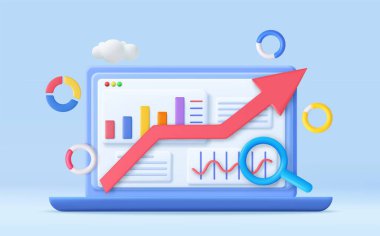3D Finansal Rapor Çizelgesi, SEO Optimizasyonu, Web Analizi ve Seo Pazarlama Konsepti. İş stratejisi. İniş sayfası şablonu. 3D görüntüleme. Vektör illüstrasyonu