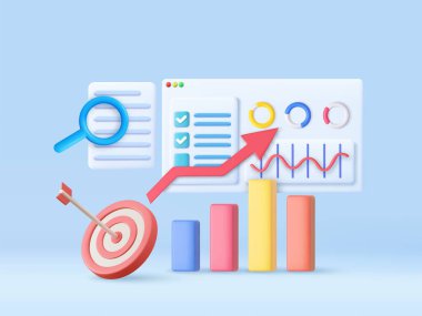 3D Finansal Rapor Çizelgesi, SEO Optimizasyonu, Web Analizi ve Seo Pazarlama Konsepti. 3D görüntüleme. Vektör illüstrasyonu