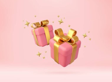 Altın kurdeleli ve fiyonklu 3D pembe hediye kutuları. Doğum günü kutlaması kavramı. Mutlu yıllar ve mutlu noeller 2023 altın fiyonklu pembe hediye kutuları. 3D görüntüleme. Vektör illüstrasyonu