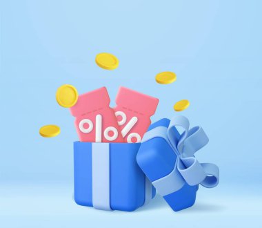 3 boyutlu hediye paketi sürprizi, indirim kuponu, kazanç puanı konsepti, sadakat programı ve ödüller. İnternet alışveriş ikramiyesi. 3D görüntüleme. Vektör illüstrasyonu