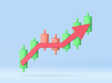 3d büyüyen hisse senedi diyagramı finansal grafik. Elinde ok olan bir şamdan, hisse senedi veya ön ödeme. Mükemmel yatırım işi ve banka yönetimi. 3D görüntüleme. Vektör illüstrasyonu