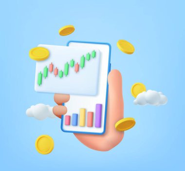 Akıllı telefon ve para ile üç boyutlu hisse senedi çevrimiçi ticareti. Borsada nvestment ticareti, yatırım grafiği cep telefonunda fon kullanımı. 3D görüntüleme. Vektör illüstrasyonu