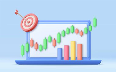 3D çevrimiçi dizüstü bilgisayar ticareti. Bilgisayarda finansman amaçlı iş grafiği kullanan bir defter. Borsada yatırım ticareti, Candle stick grafiği. 3D görüntüleme. Vektör illüstrasyonu