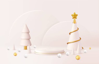 3D noel tasarımı, podyumlu altın metalik koni spiral ağacı. Noel ve Yeni Yıl geçmişi. 3D görüntüleme. Vektör illüstrasyonu