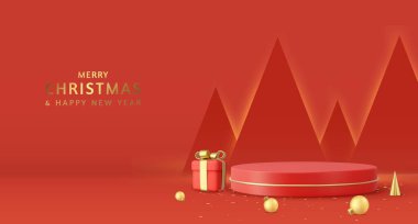 3D Noel ve Yeni Yıl Podyum Stüdyosu. 3D mücevher topları, koni ağaçları, hediye kutusu. Yaratıcı bir tatil şablonu. Xmas kış kompozisyonu. Pankart ve web posteri. 3D görüntüleme. Vektör illüstrasyonu