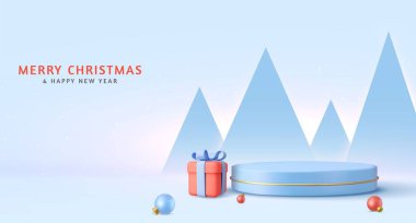 3D Noel ve Yeni Yıl Podyum Stüdyosu. 3D mücevher topları, koni ağaçları, hediye kutusu. Yaratıcı bir tatil şablonu. Xmas kış kompozisyonu. Pankart ve web posteri. 3D görüntüleme. Vektör illüstrasyonu