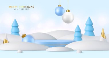 3D noel arkaplanı silindirik podyumlar 3D takı topları ve koni ağaçları olan terfiler için. Sunum satışı ürünleri için yuvarlak aşama. Pankart ve web posteri. 3D görüntüleme. Vektör illüstrasyonu