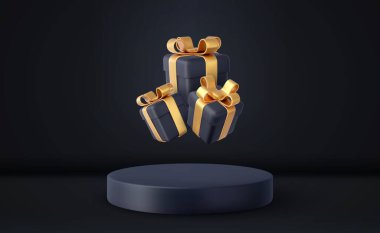 3D Noel tarzı ürün podyumu sahnesi. Uçan beyaz hediye kutusu ve altın fiyonk. Mutlu Noeller ve yeni yıl bayrak tasarımı, tebrik kartı. 3D görüntüleme. Vektör illüstrasyonu