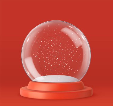 3d Empty snow glass ball with red tray. Glass snow globe Christmas decorative design. 3d rendering. Vector illustration clipart