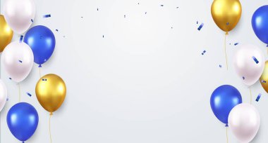 Renkli balonlar ve konfeti arkaplanlı kutlama partisi afişi. Büyük Açılış Kartı, zengin bir şekilde karşılanıyor. Doğum günü kutlama kartı tasarımı için dekorasyon elemanı. Vektör illüstrasyonu