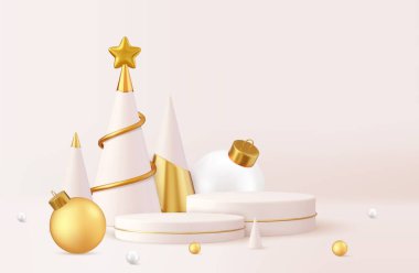 3D noel tasarımı, podyumlu altın metalik koni spiral ağacı. Mutlu noeller ve ürün tanıtımı için yeni yılınız kutlu olsun. 3D görüntüleme. Vektör illüstrasyonu