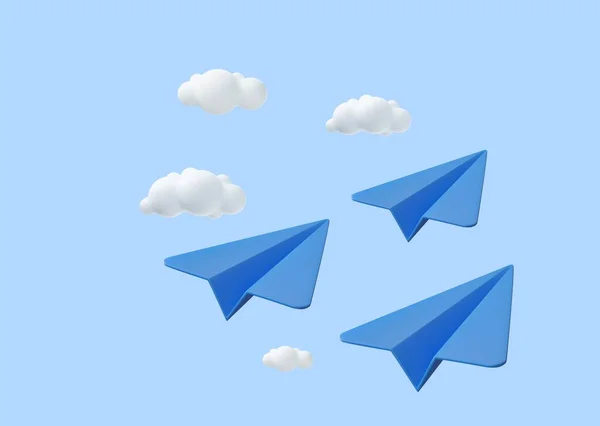 Papieren Vliegtuig Met Wolken Minimale Cartoon Schattig Glad Creatief Visie — Stockvector