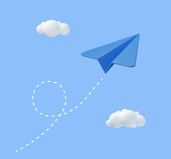 雲と3D紙飛行機最小限の漫画かわいい滑らかな 創造的なビジョンリーダーシップの概念です モダンな流行のデザイン 3Dレンダリング ベクターイラスト — ストックベクタ