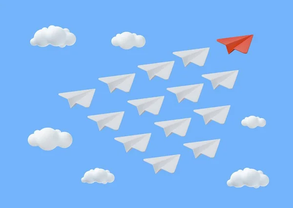 Papierflugzeug Mit Wolken Minimal Cartoon Niedlich Glatt Kreative Vision Führungskonzept — Stockvektor