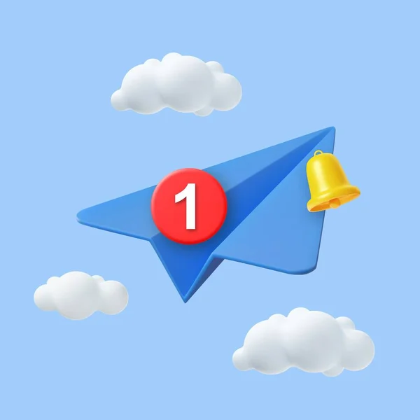 3D纸飞机图标 与飞机和云层一起旅行的横幅模板 发送消息的概念 带有Bell通知的电子邮件在蓝色背景上被隔离 3D渲染 矢量说明 — 图库矢量图片