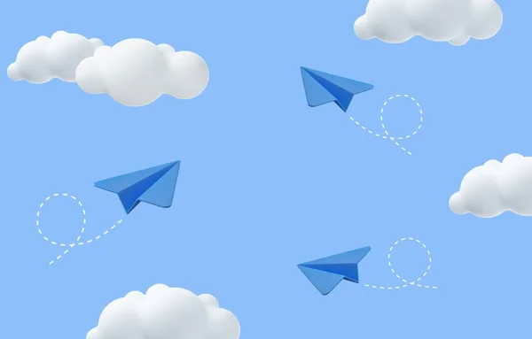 雲と3D紙飛行機最小限の漫画かわいい滑らかな モダンな流行のデザイン 3Dレンダリング ベクターイラスト — ストックベクタ