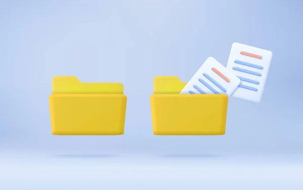 空飛ぶ空飛ぶドキュメントと黄色のコンピュータフォルダ ファイルと紙のアイコンで最小限のデザインフォルダ ファイル管理の概念 3Dレンダリング ベクターイラスト — ストックベクタ