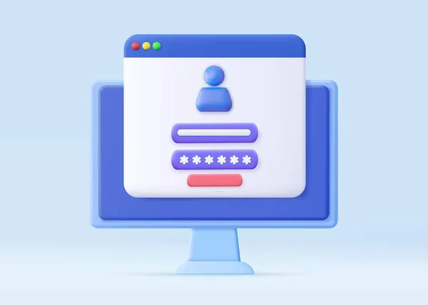3Dコンピュータとアカウントのログインとパスワードフォーム画面上のページ アカウント ユーザー認証 ログイン認証ページのコンセプトにサインインします ユーザー名 パスワードフィールド 3Dレンダリング ベクターイラスト — ストックベクタ
