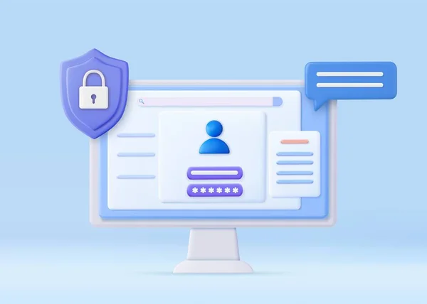 3Dログインとパスワードの概念 コンピュータとロックとオンラインファイル保護システムの概念 個人のオンラインアカウントやソーシャルメディアのプロフィールのための安全なログインフォーム 3Dレンダリング ベクターイラスト — ストックベクタ