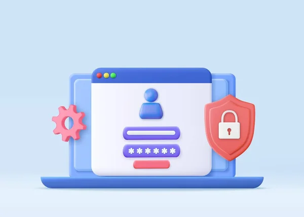 3Dログインとパスワードの概念 コンピュータとロックとオンラインファイル保護システムの概念 個人のオンラインアカウントやソーシャルメディアのプロフィールのための安全なログインフォーム 3Dレンダリング ベクターイラスト — ストックベクタ