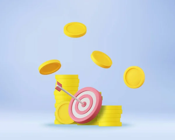 3D红色目标和箭头与堆放硬币 最小的风格针对投资目标 营销时间和业务目标 3D渲染 矢量说明 — 图库矢量图片