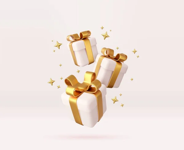 3D白色礼品盒 金丝带和蝴蝶结 生日庆祝的概念 新年快乐 圣诞快乐 白色礼品盒 上面有金弓 3D渲染 矢量说明 — 图库矢量图片