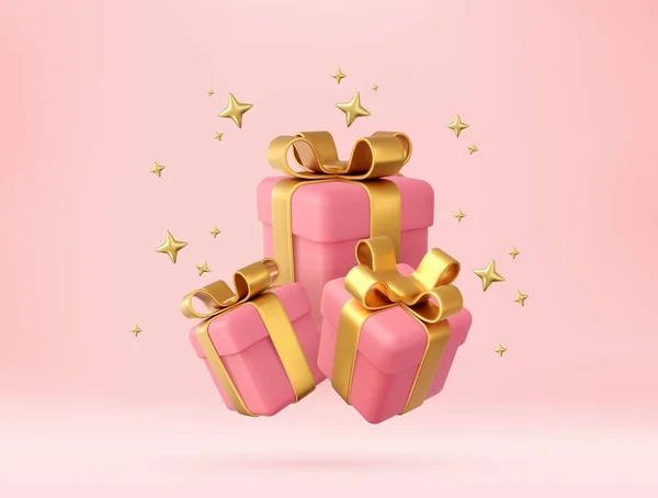 金色のリボンと弓を持つ3Dピンクのギフトボックス 誕生日のお祝いの概念 メリーの新年と黄金の弓とメリークリスマスピンクのギフトボックス 3Dレンダリング ベクターイラスト — ストックベクタ