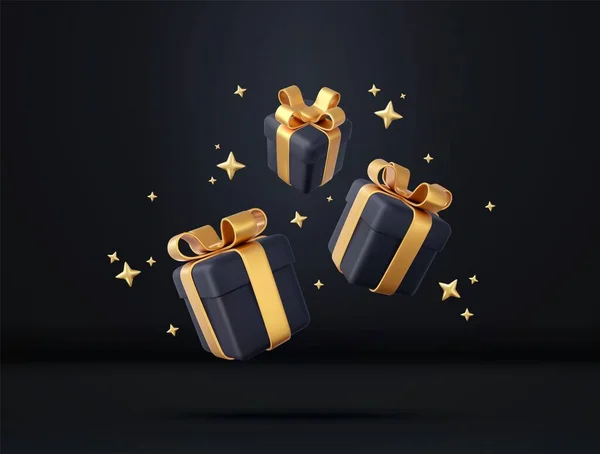Μαύρα Κουτιά Δώρου Χρυσή Κορδέλα Και Φιόγκο Έννοια Εορτασμού Γενεθλίων — Διανυσματικό Αρχείο