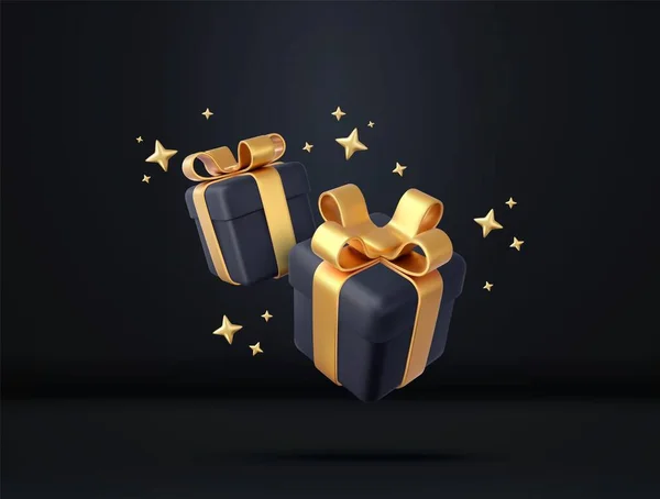 金色のリボンと弓を持つ3Dブラックギフトボックス 誕生日のお祝いの概念 メリーの新年と金色の弓とメリークリスマスの黒いギフトボックス 3Dレンダリング ベクターイラスト — ストックベクタ