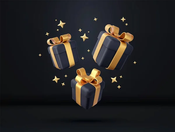 Чорні Подарункові Коробки Золотою Стрічкою Луком Ідея Святкування Дня Народження — стоковий вектор