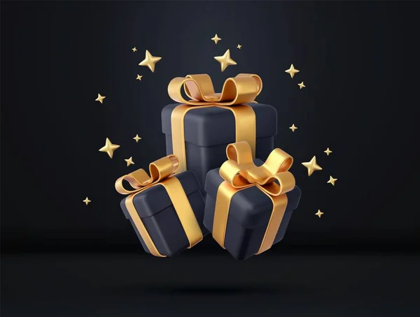 金色のリボンと弓を持つ3Dブラックギフトボックス 誕生日のお祝いの概念 メリーの新年と金色の弓とメリークリスマスの黒いギフトボックス 3Dレンダリング ベクターイラスト — ストックベクタ