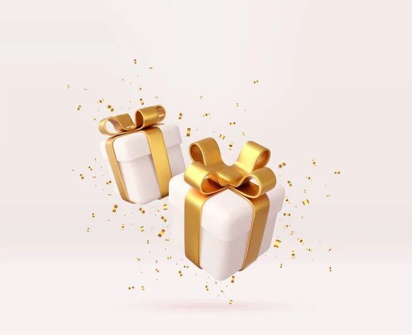 金色のリボンと弓とスパンコールのコンフェッティと3次元の白いギフトボックス 誕生日のお祝いの概念 メリーの新年と黄金の弓とメリークリスマスのギフトボックス 3Dレンダリング ベクターイラスト — ストックベクタ