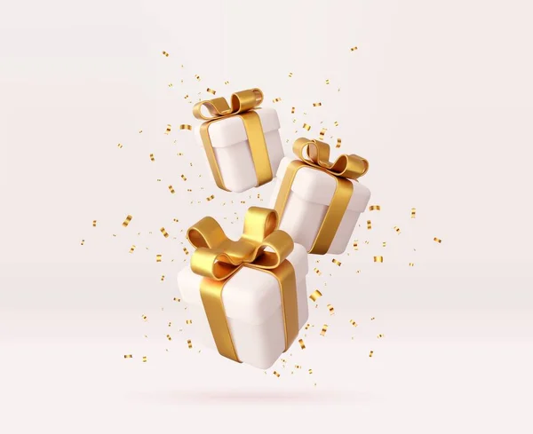 金色のリボンと弓とスパンコールのコンフェッティと3次元の白いギフトボックス 誕生日のお祝いの概念 メリーの新年と黄金の弓とメリークリスマスのギフトボックス 3Dレンダリング ベクターイラスト — ストックベクタ