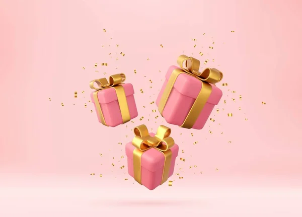 Pink Gift Boxes Golden Ribbon Bow Gold Sequins Confetti Birthday — Stock Vector