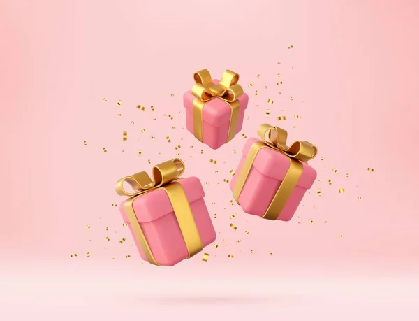3D粉色礼品盒 带有金色缎带 蝴蝶结和金色亮片 生日庆祝的概念 新年快乐 圣诞快乐 礼物盒 金色的蝴蝶结 3D渲染 矢量说明 — 图库矢量图片