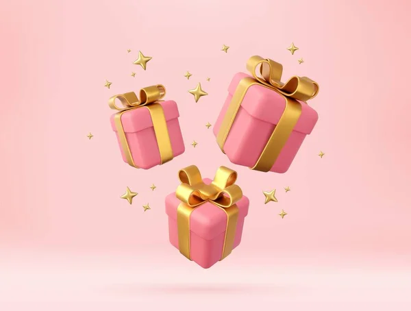 Confezioni Regalo Rosa Con Nastro Dorato Fiocco Concetto Festa Compleanno — Vettoriale Stock
