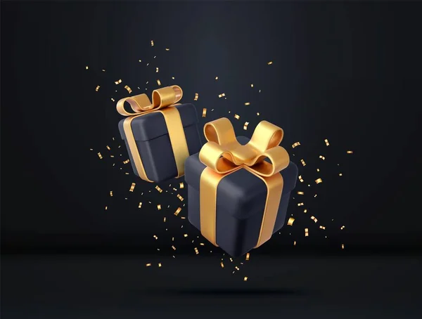 Fekete Ajándékdobozok Arany Szalaggal Íjjal Flitterekkel Konfettivel Születésnapi Ünnepség Koncepció — Stock Vector