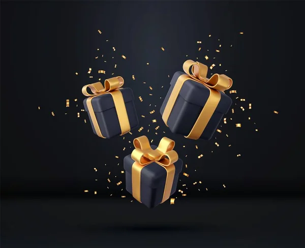 金色のリボンと弓とスパンコールのコンフェッティと3次元ブラックギフトボックス 誕生日のお祝いの概念 メリーの新年と黄金の弓とメリークリスマスのギフトボックス 3Dレンダリング ベクターイラスト — ストックベクタ